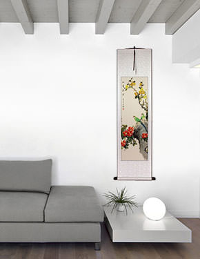 Mountain Fragrance and Flowers - Birds and Plum Blossoms Wall Scroll living room view
