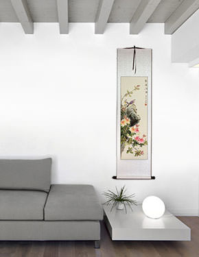 Fresh Breeze, Drifting Far - Bird & Flower Chinese Scroll living room view