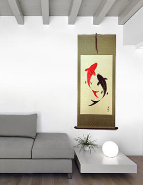 Yin Yang Koi Fish Large Chinese Scroll living room view