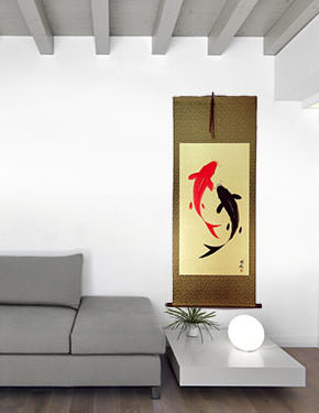 Yin Yang Fish - Huge-Size Wall Scroll living room view
