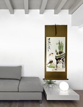 Traditional Antique-Style Bonsai/Penzai Still Life - Large Wall Scroll living room view