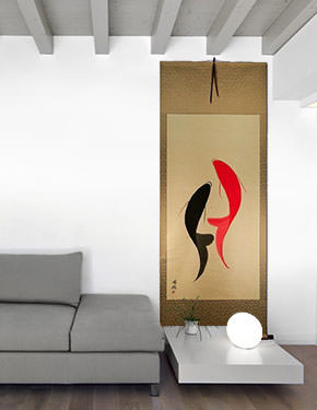 Large Abstract Yin Yang Fish Asian Scroll living room view