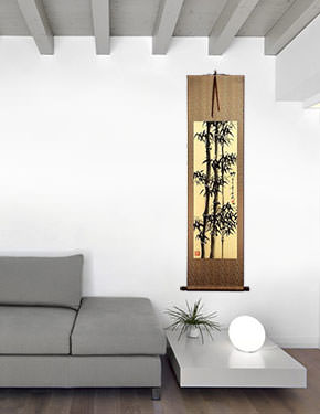 Asian Bamboo on Copper Brocade Wall Scroll living room view