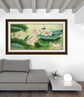 Lotus and Kingfisher Bird - Large Chinese Painting living room view