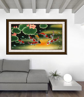 Huge Koi Fish and Lily Elaborate Painting living room view