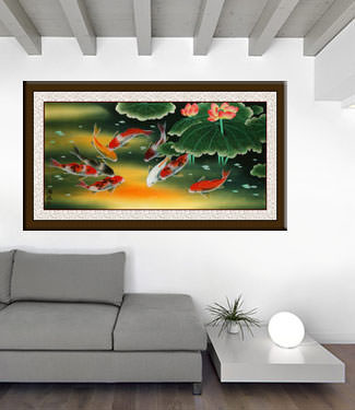 Huge Koi Fish and Lily Oriental Art Painting living room view