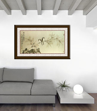 Birds on Bamboo - Large Painting living room view