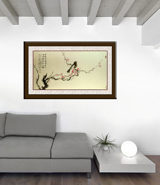 Red Earth and Colors of Spring - Large Bird and Flower Painting living room view