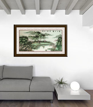 Huge Chinese Boat River Village Landscape Painting living room view