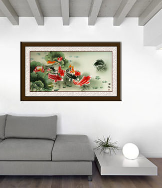Large Koi Fish and Lotus Flower Painting living room view