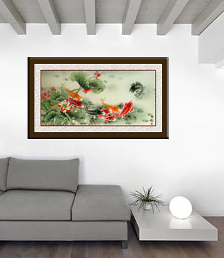 Chinese Koi Fish and Lotus Large Painting living room view