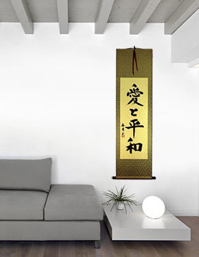 Peace and Love - Japanese Wall Scroll living room view