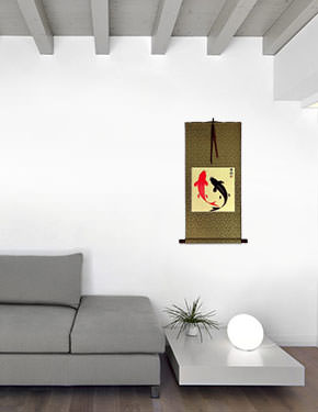 Classic Yin Yang Fish Brocade Wall Scroll living room view