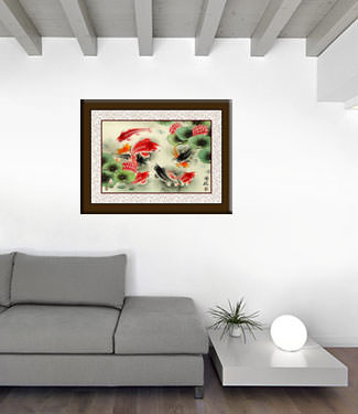 Koi Fish and Lotus Flower - Colorful Asian Art Painting living room view