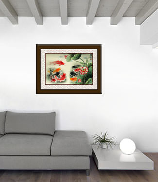 Koi Fish and Lotus Painting living room view