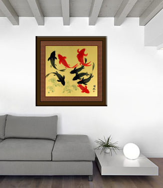 Big Koi Fish Painting on Antiqued Paper living room view