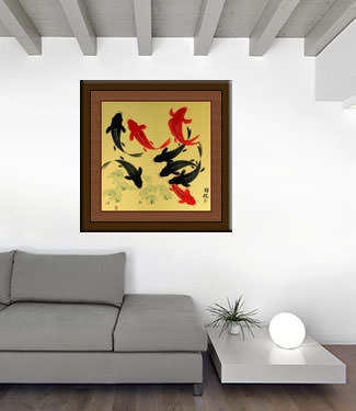 Large Koi Fish Painting on Antiqued Paper living room view