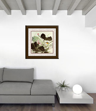 Lotus Breeze Travels Far - Bird and Flower Painting living room view