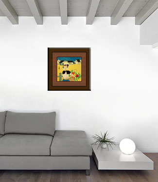Woman and Flower Basket - Modern Folk Art Painting living room view