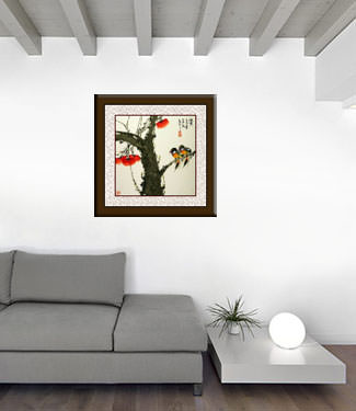 Birds and Persimmon Fruit Tree Painting living room view