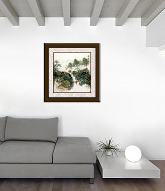 Chinese River Bridge and Pagoda - Landscape Painting living room view