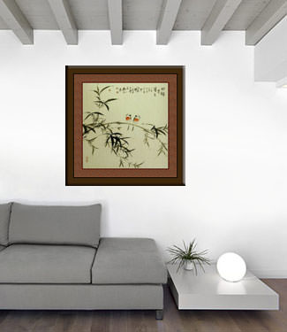 Two Birds on a Branch Large Painting living room view