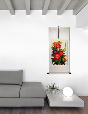 Peony Flower - Colorful Chinese Wall Scroll living room view