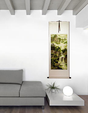 Home in the Deep Green Fragrant Mountains - Chinese Landscape Wall Scroll living room view