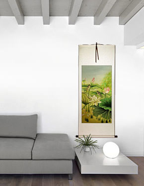 Little Birds and Beautiful Lotus Wall Scroll living room view