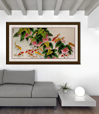 Koi Fish Feeding - Large Chinese Painting living room view