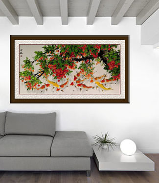 Large Koi Fish and Lychee Fruit Painting living room view