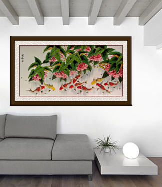 Huge Chinese Koi Fish and Lychee Fruit Painting living room view