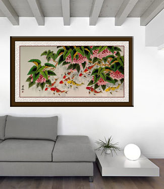 Koi Fish Feeding - Large Chinese Painting living room view