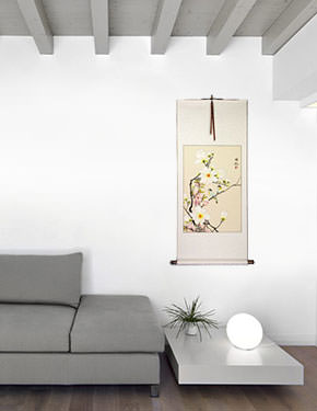 Birds & Flowers White Wall Scroll living room view