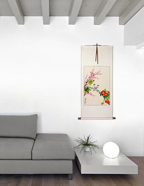 Birds Plum Blossom and Flower Wall Scroll living room view
