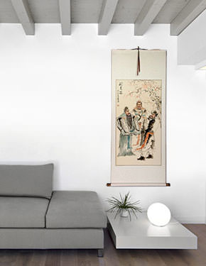 Three Warrior Brothers of China Wall Scroll living room view