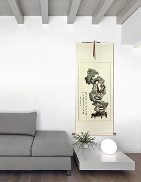 Ancient Chinese Stone Sculpture Wall Scroll Art living room view