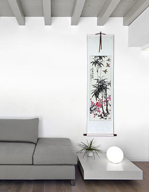 Chinese Bamboo and Plum Blossom Wall Scroll living room view