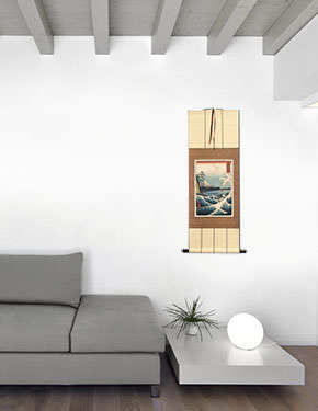 Mount Fuji Waves Landscape - Japanese Woodblock Print Repro - Wall Scroll living room view