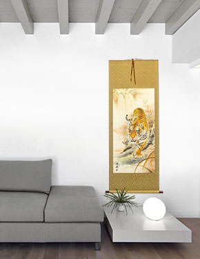 Classic Prowling Chinese Tiger Wall Scroll living room view
