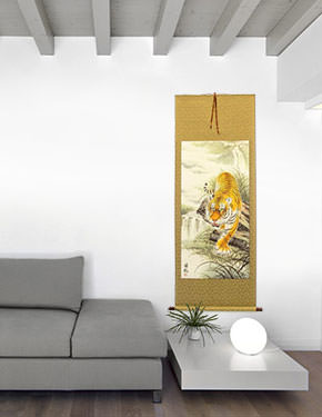 Asian Tiger on the Prowl - Large Wall Scroll living room view