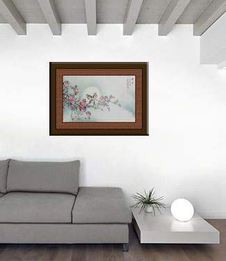 Birds & Plum Blossom Fragrant Snowy Winter Full Moon Painting living room view