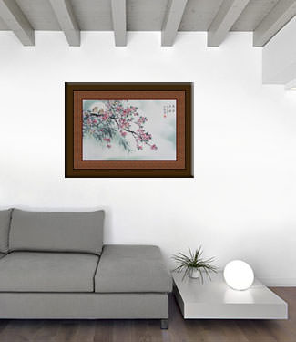Plum Blossoms Bloom in Moonlit Garden - Flower and Birds Painting living room view