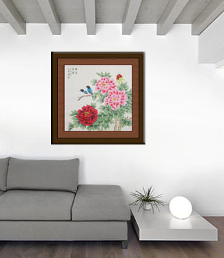 Beautiful Peony Flowers & Birds Painting living room view