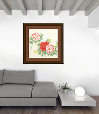 Chinese Peony Flower & Moon Painting living room view