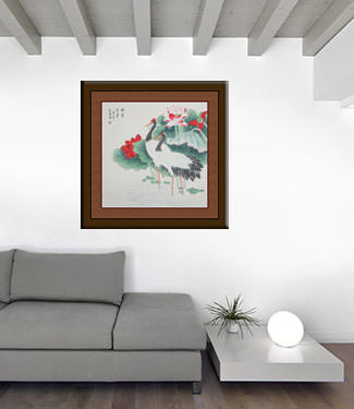 Chinese Cranes and Lotus Flower Painting living room view