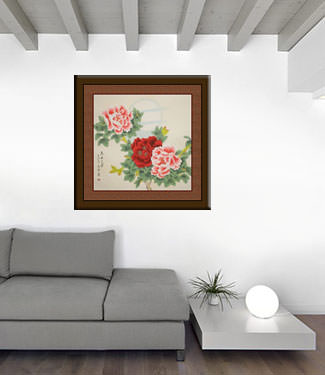 Auspicious Red and Pink Peony Flowers & Moon Painting living room view