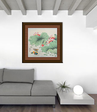 Colorful Mandarin Ducks & Lotus Flowers Painting living room view