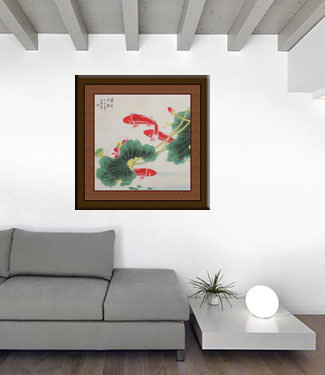 Big Koi Fish and Lotus Flower Painting living room view