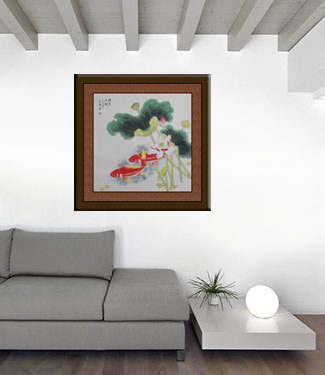 Koi Fish and Lotus Flowers - Large Chinese Painting living room view